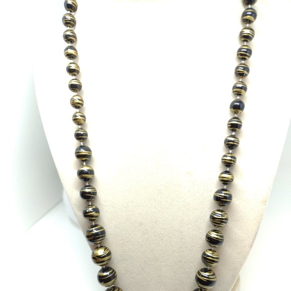 Black and Antique Gold Pearl Like Bead Necklace Knotted and Graduated - Picture 4 of 5